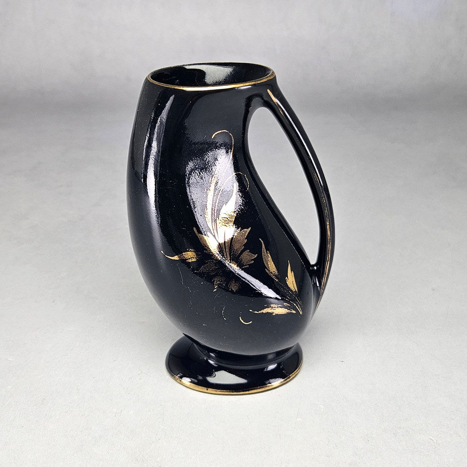 Crescent Potteries Black and Gold Floral Handled Pedestal Vase