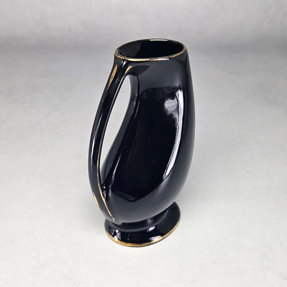 Crescent Potteries Black and Gold Floral Handled Pedestal Vase