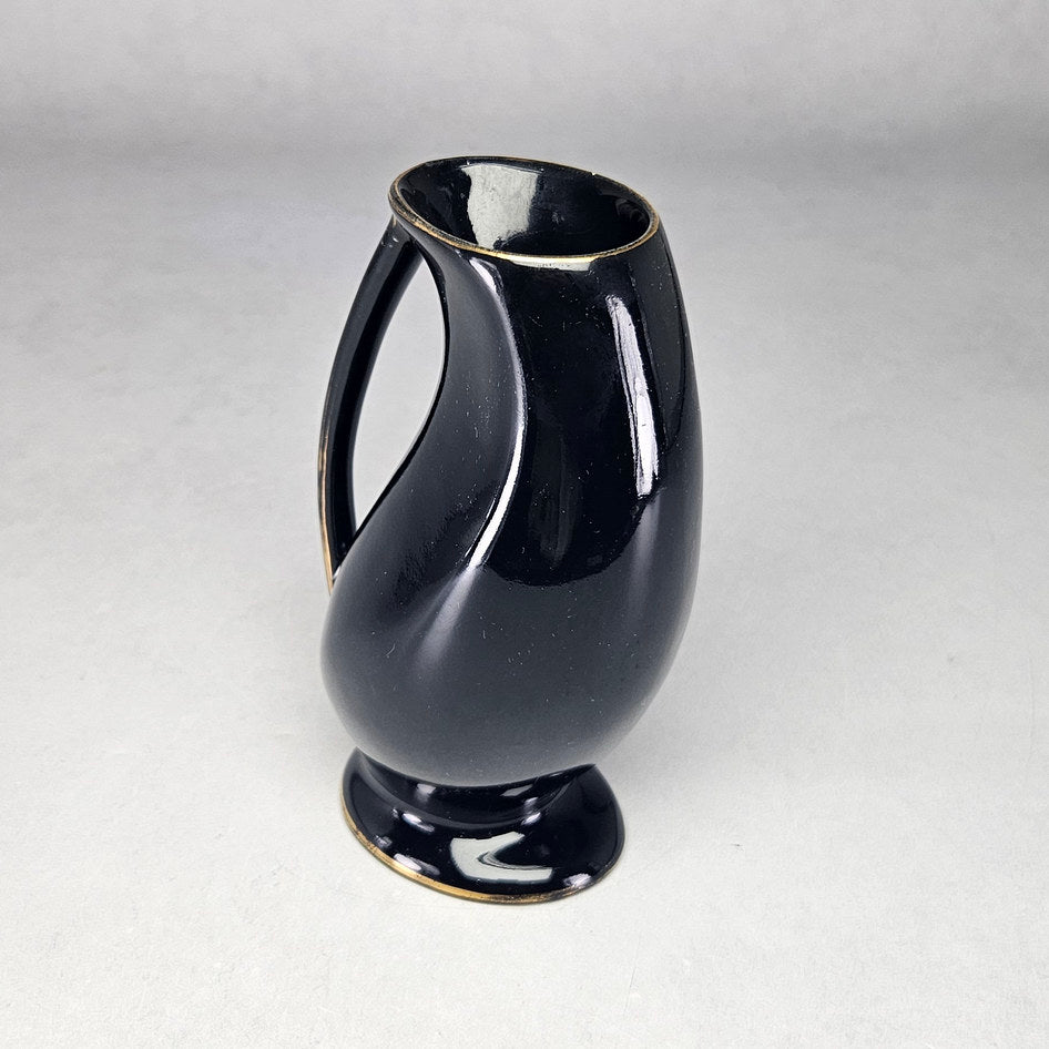 Crescent Potteries Black and Gold Floral Handled Pedestal Vase
