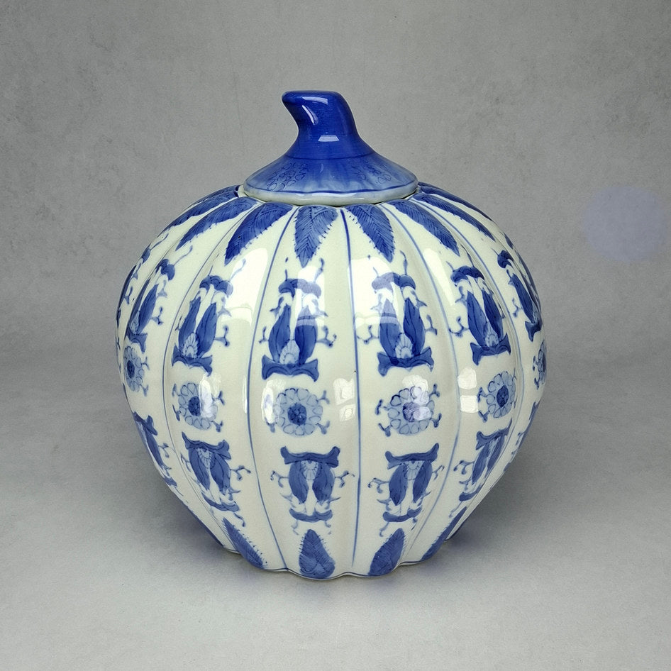Decorative Blue and White Porcelain Ribbed Lidded Jar