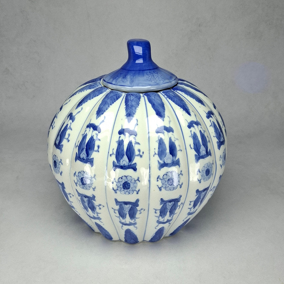 Decorative Blue and White Porcelain Ribbed Lidded Jar