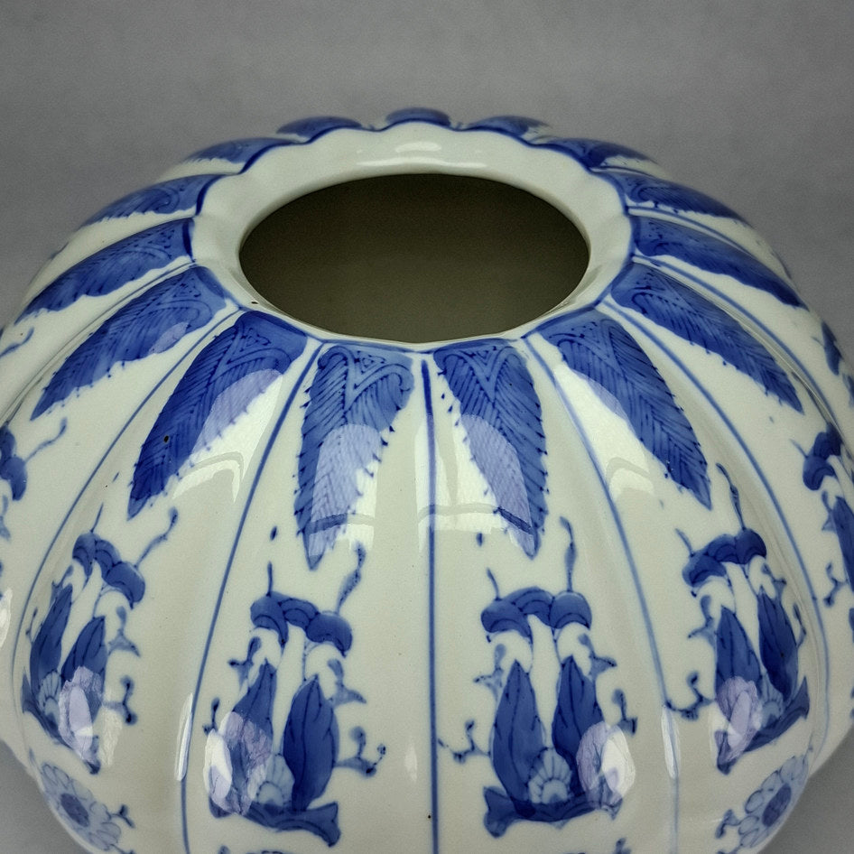 Decorative Blue and White Porcelain Ribbed Lidded Jar