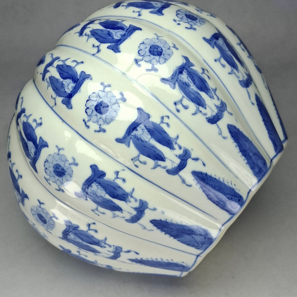 Decorative Blue and White Porcelain Ribbed Lidded Jar