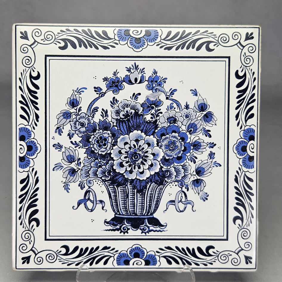 Delft Holland Blue and White Floral Basket Wall Tile, product view 2