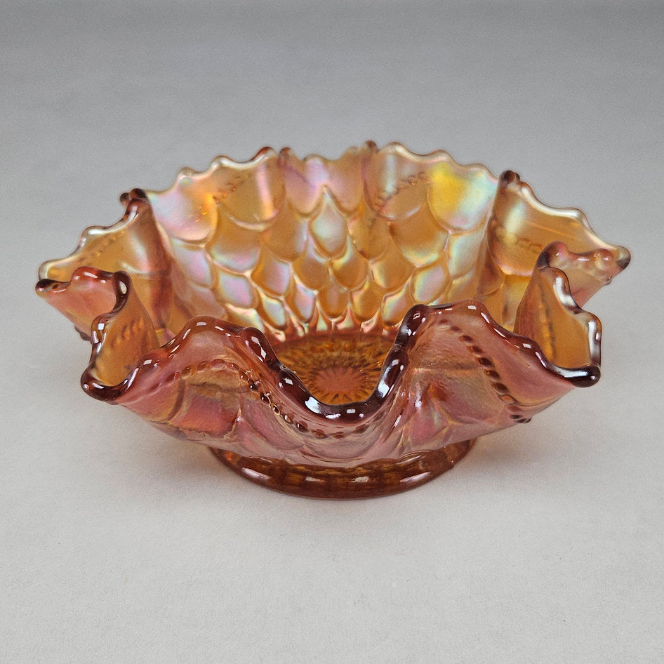 Dugan Fishscale and Beads Marigold Carnival Glass Ruffled Bowl