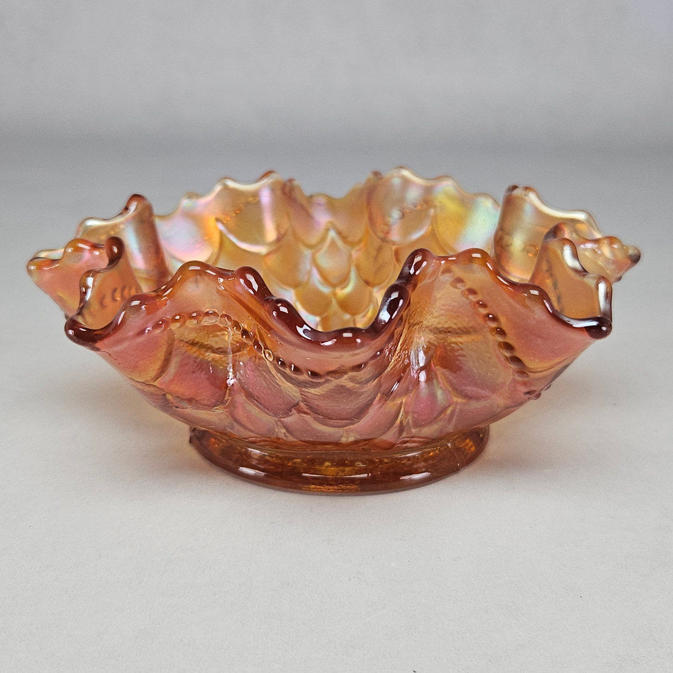 Dugan Fishscale and Beads Marigold Carnival Glass Ruffled Bowl