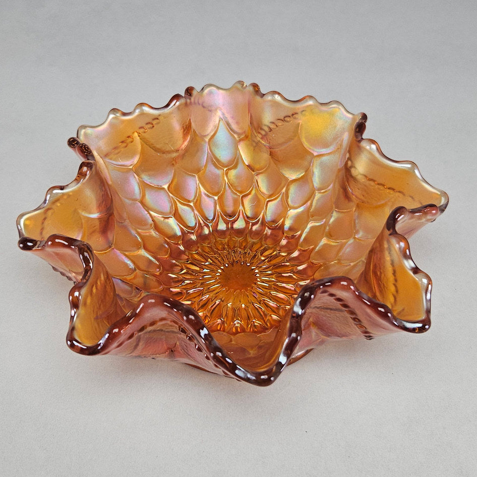 Dugan Fishscale and Beads Marigold Carnival Glass Ruffled Bowl