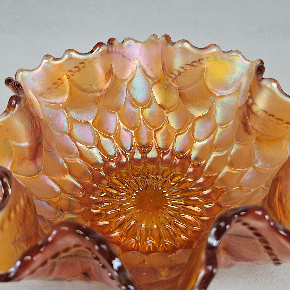 Dugan Fishscale and Beads Marigold Carnival Glass Ruffled Bowl