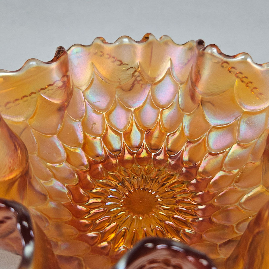 Dugan Fishscale and Beads Marigold Carnival Glass Ruffled Bowl