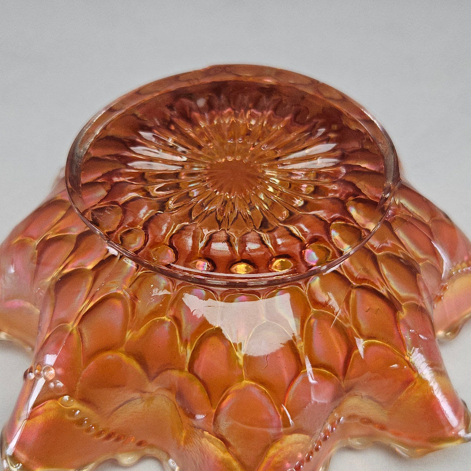 Dugan Fishscale and Beads Marigold Carnival Glass Ruffled Bowl