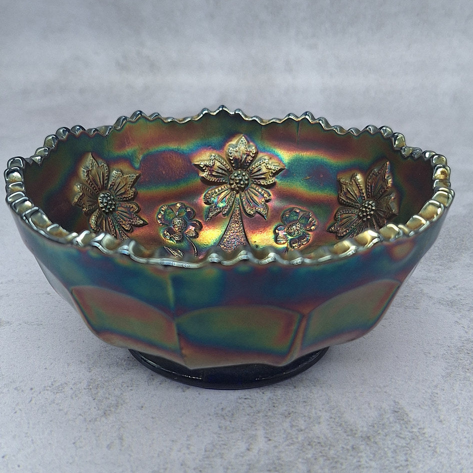 Fenton Blue Iridescent Carnival Glass Little Flowers Berry Bowl
