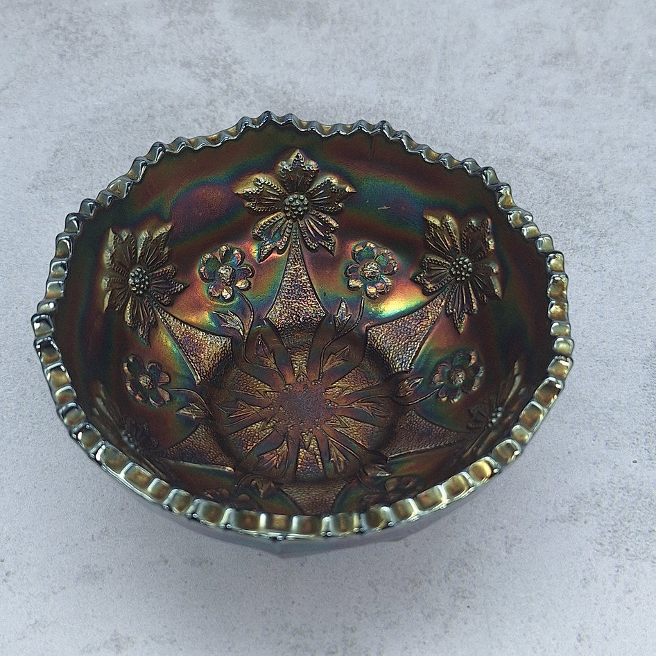 Fenton Blue Iridescent Carnival Glass Little Flowers Berry Bowl