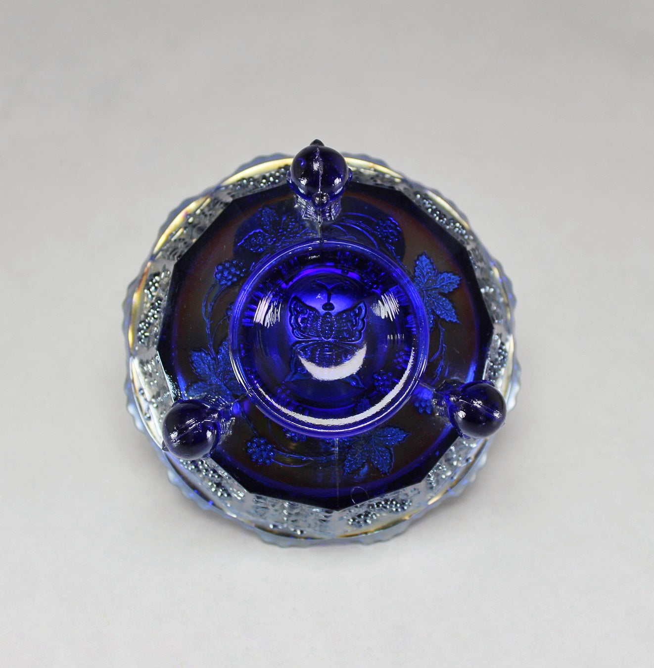 Fenton Carnival Glass Butterfly and Berry Claw Footed Bowl