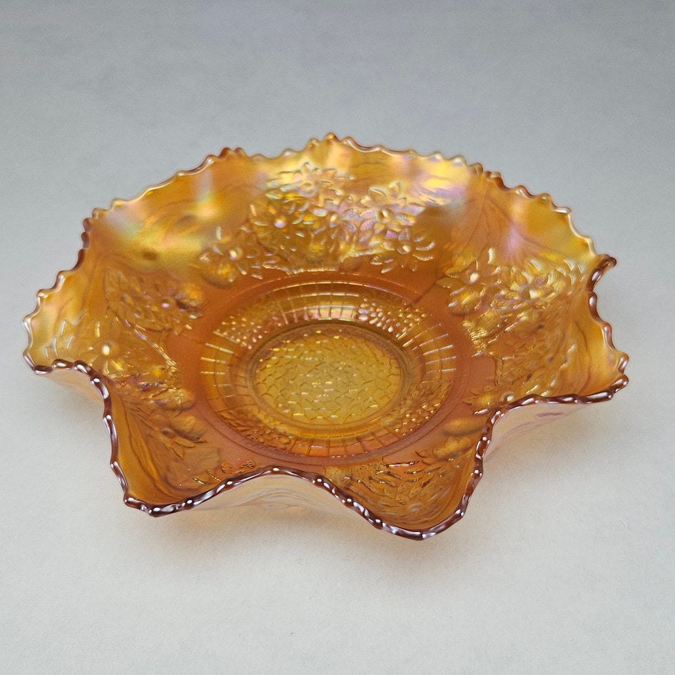Fenton Orange Tree Marigold Carnival Glass Ruffled Bowl