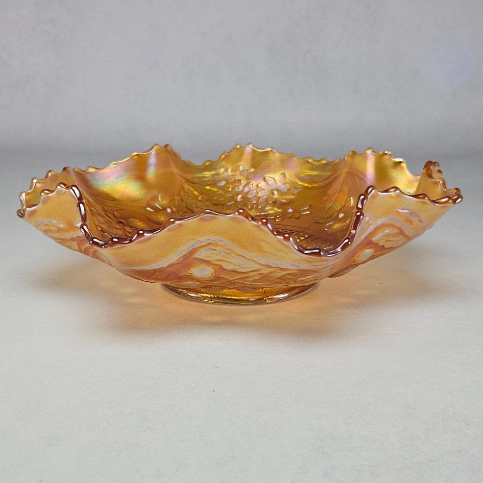 Fenton Orange Tree Marigold Carnival Glass Ruffled Bowl