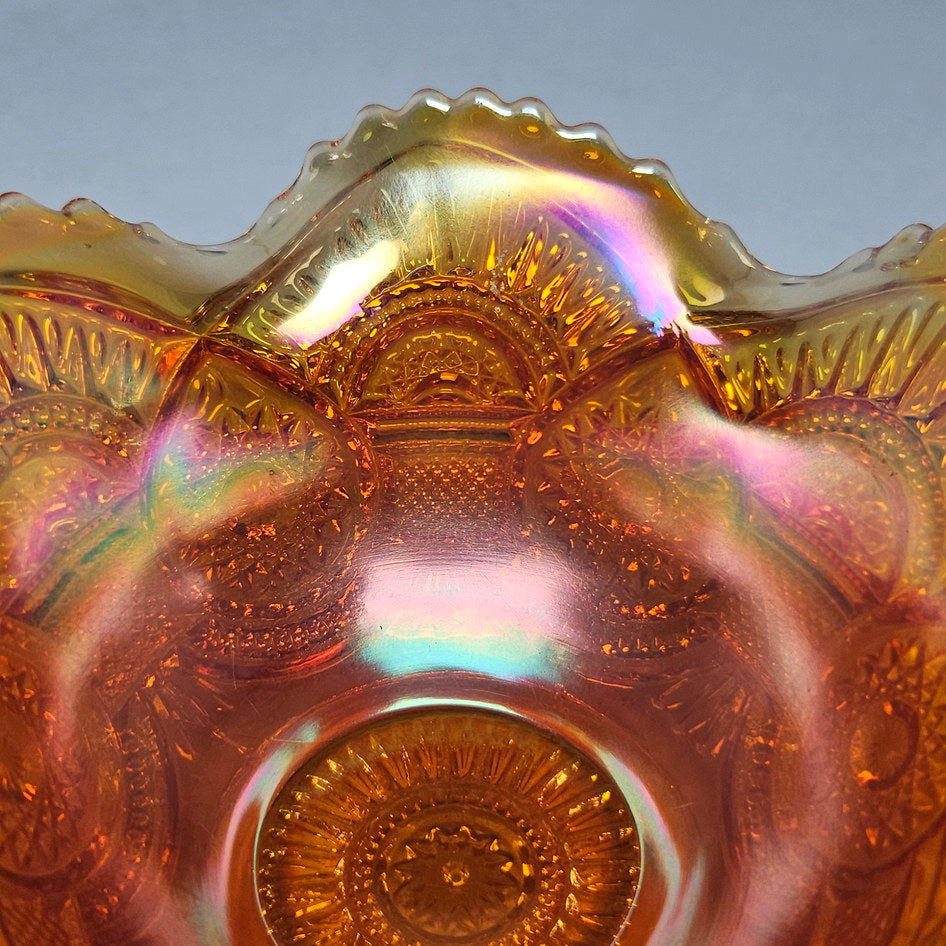 Fenton Peacock and Urn Marigold Carnival Glass Ruffled Bowl
