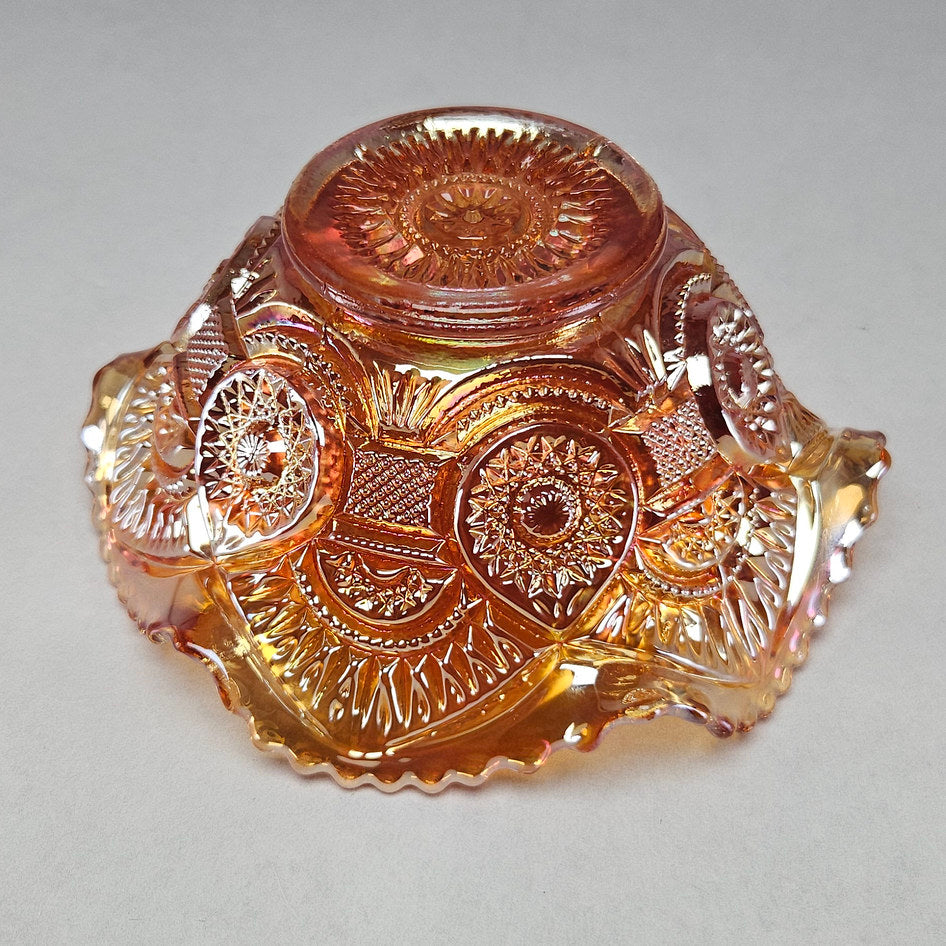 Fenton Peacock and Urn Marigold Carnival Glass Ruffled Bowl