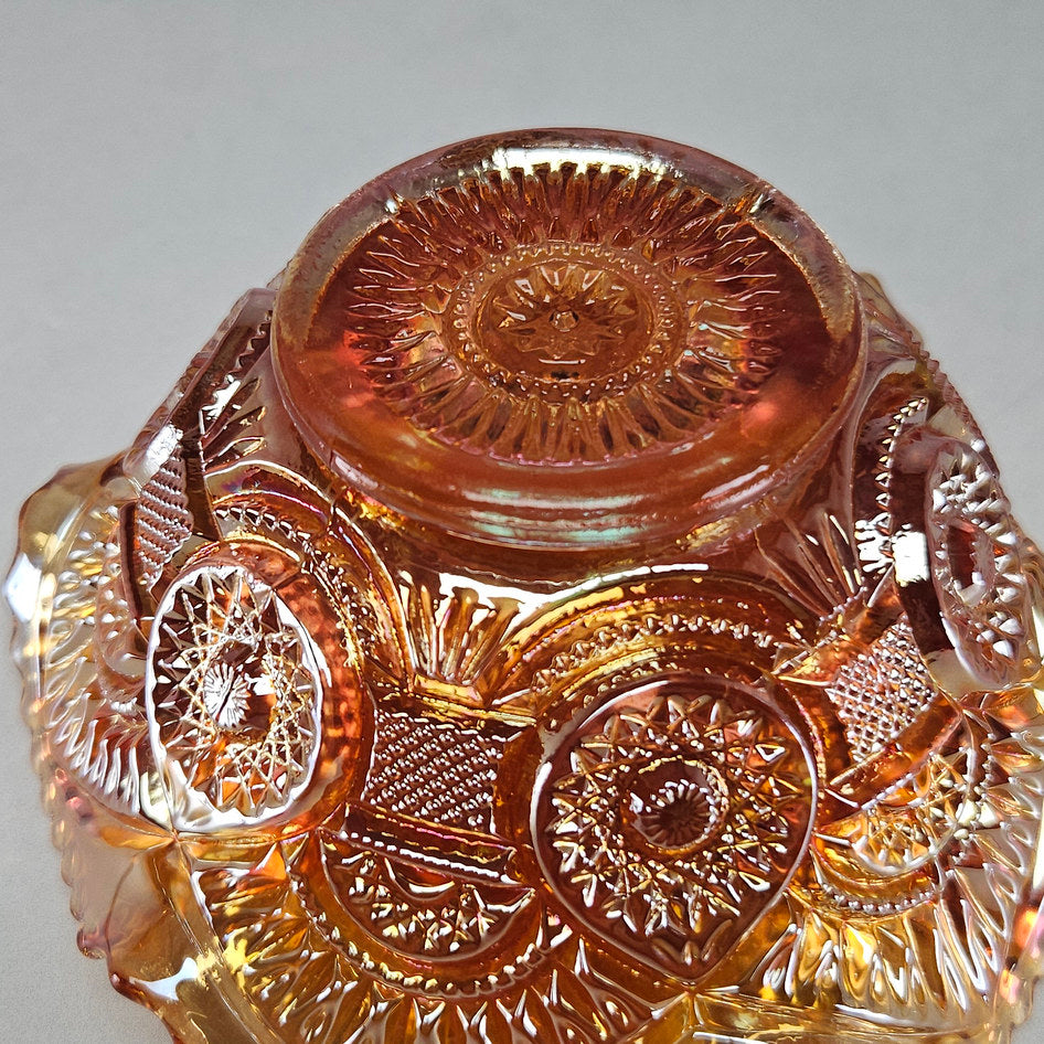 Fenton Peacock and Urn Marigold Carnival Glass Ruffled Bowl
