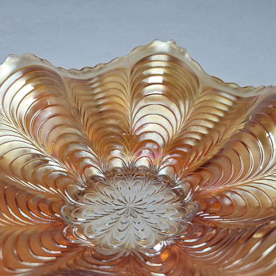 Fenton Peacock Tail Marigold Carnival Glass Square Crimped Bowl