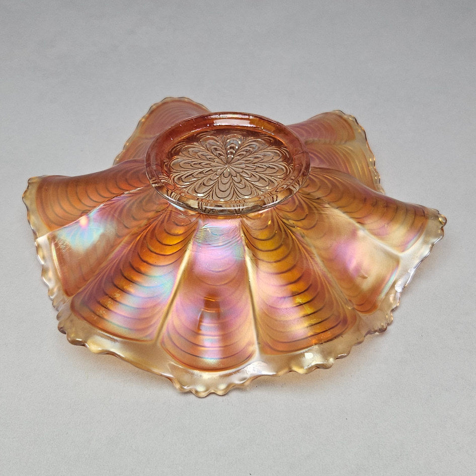Fenton Peacock Tail Marigold Carnival Glass Square Crimped Bowl