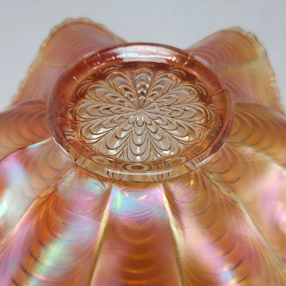 Fenton Peacock Tail Marigold Carnival Glass Square Crimped Bowl