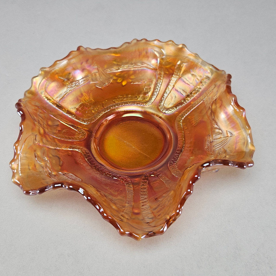 Fenton Sailboats Marigold Carnival Glass Ruffled Bowl