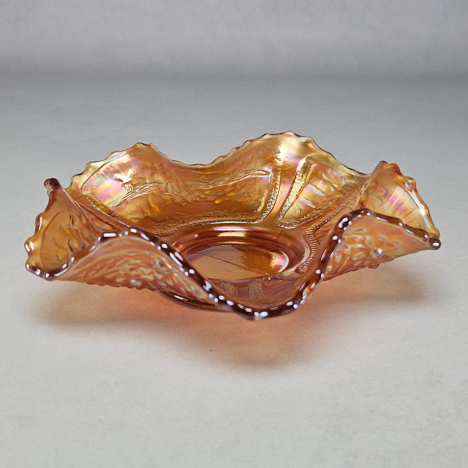 Fenton Sailboats Marigold Carnival Glass Ruffled Bowl