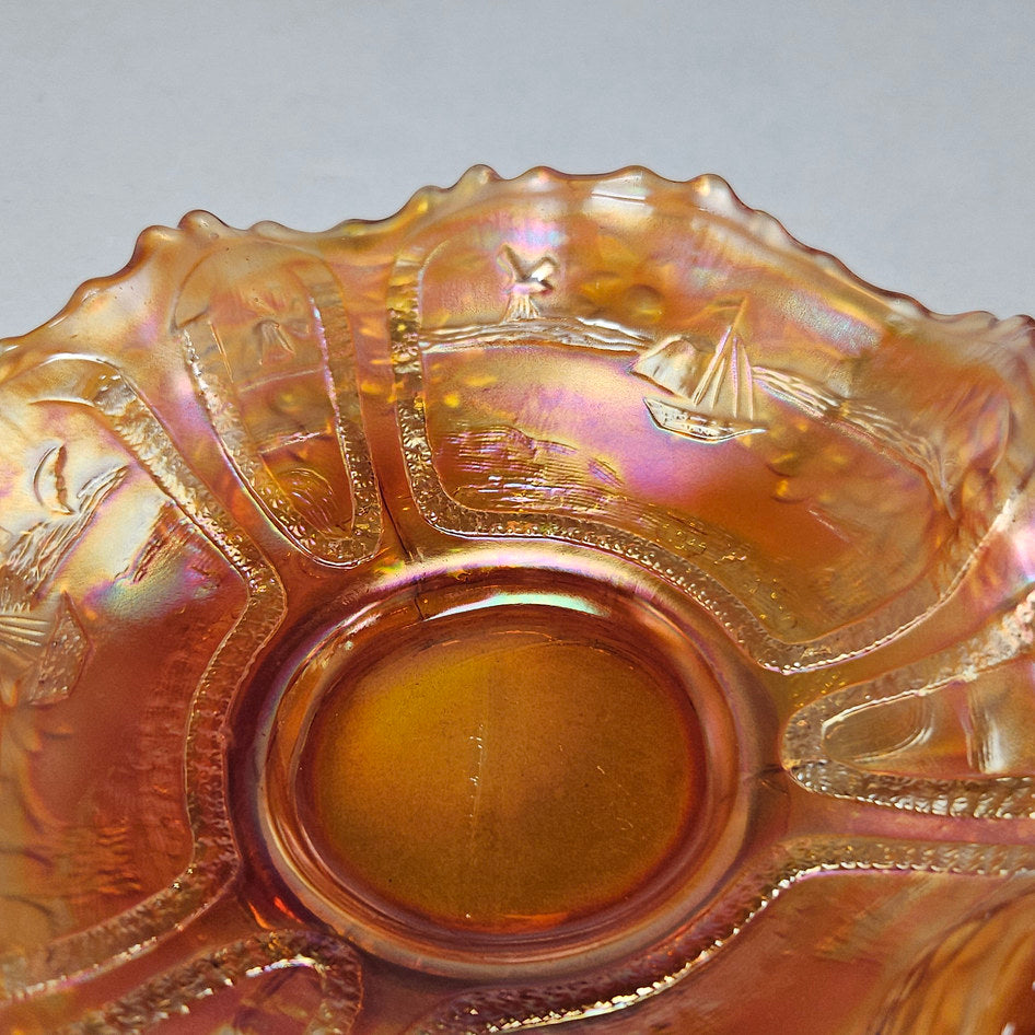 Fenton Sailboats Marigold Carnival Glass Ruffled Bowl
