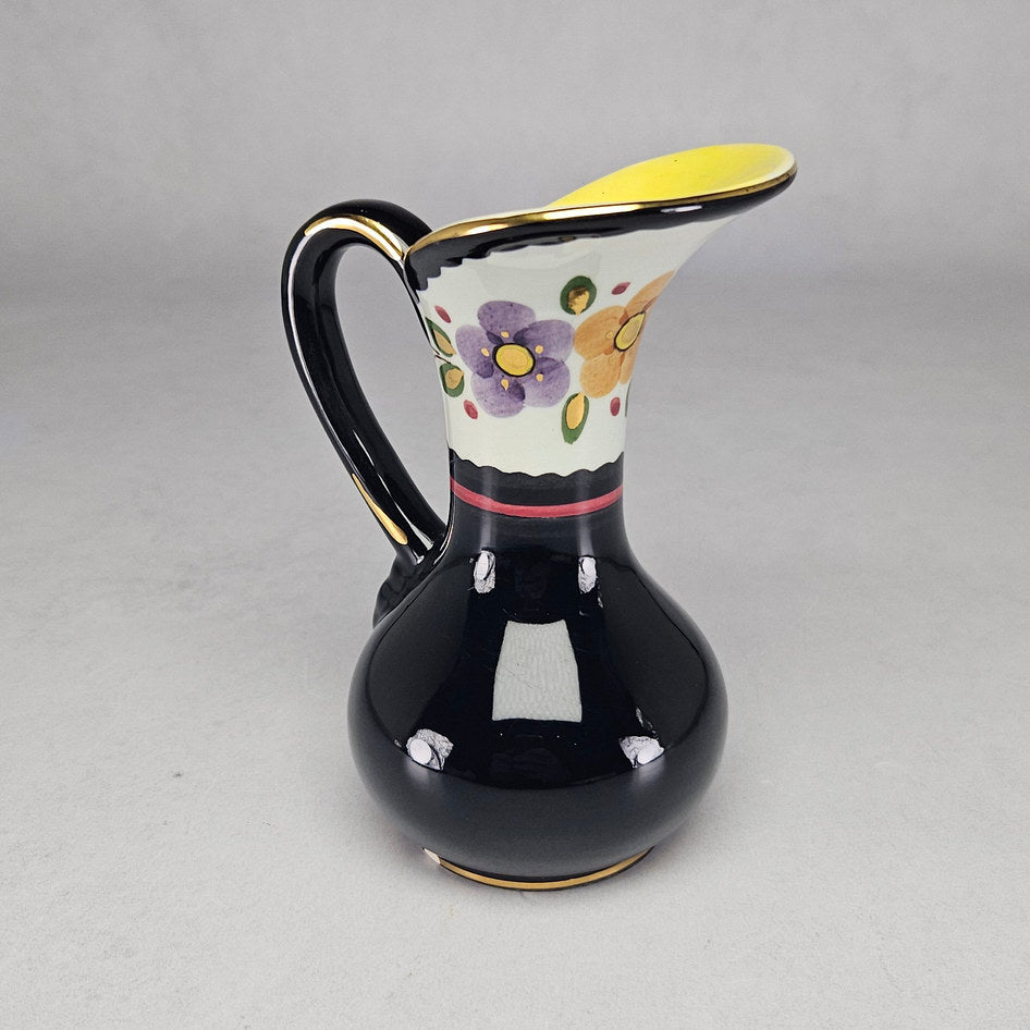 Genuine Gouda Holland Hand-Painted Black Floral Ceramic Jug