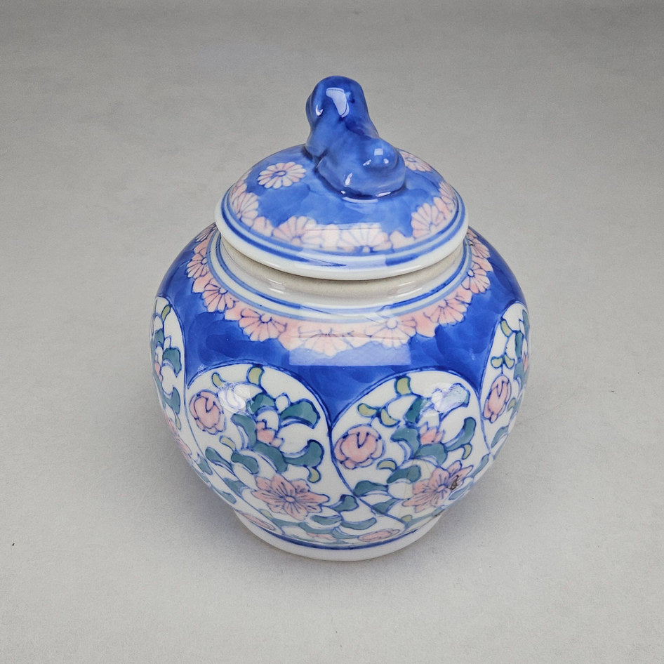 Genuine Ming Blue Floral Porcelain Ginger Jar with Foo Dog Finial