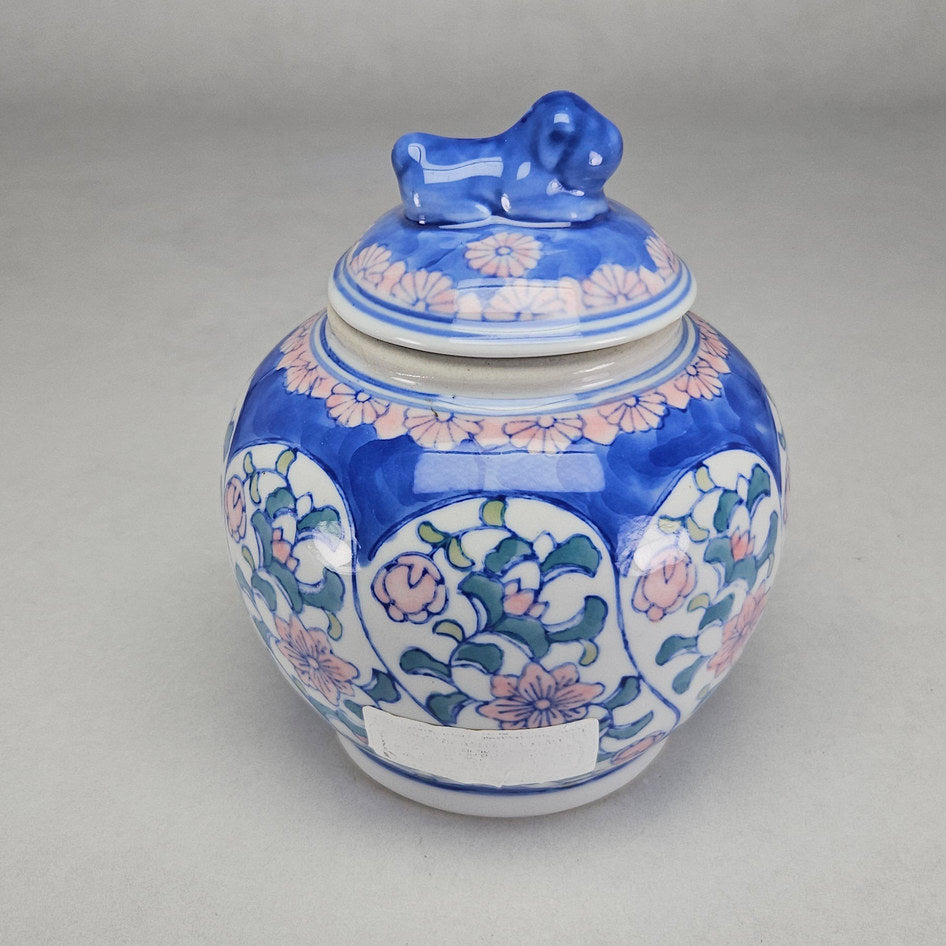 Genuine Ming Blue Floral Porcelain Ginger Jar with Foo Dog Finial
