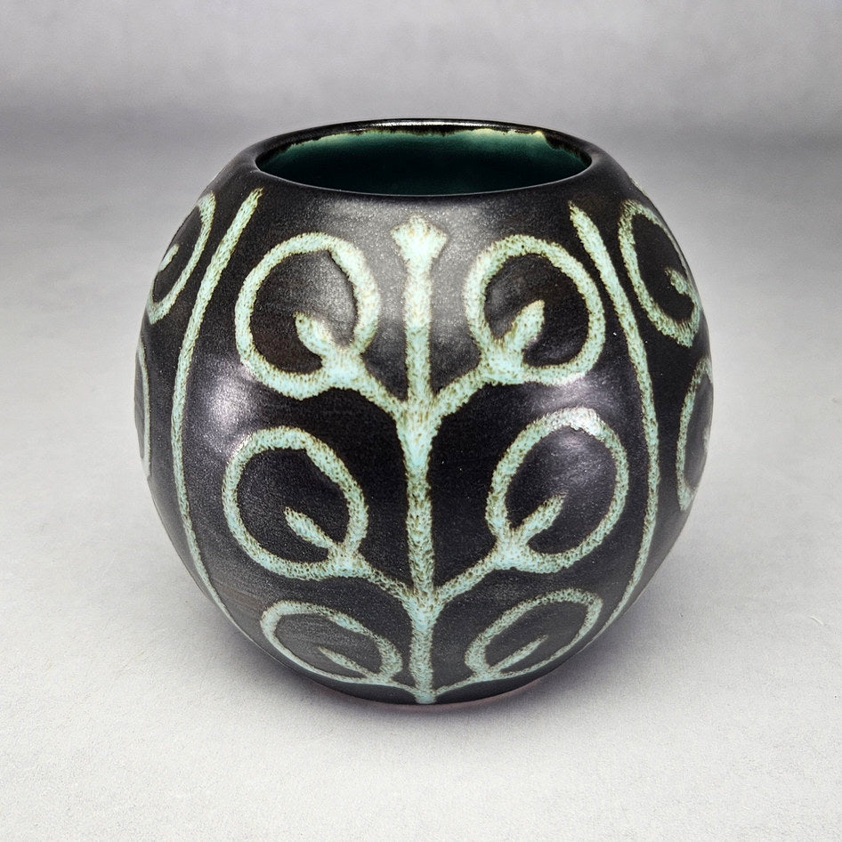 Hamburger Potteries Turquoise Scroll Round Vase, view 1