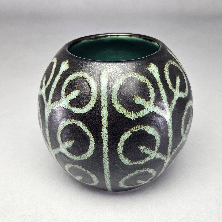Hamburger Potteries Turquoise Scroll Round Vase, view 2