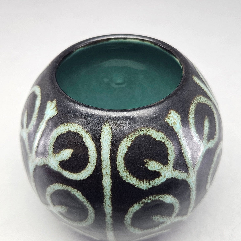 Hamburger Potteries Turquoise Scroll Round Vase, view 3