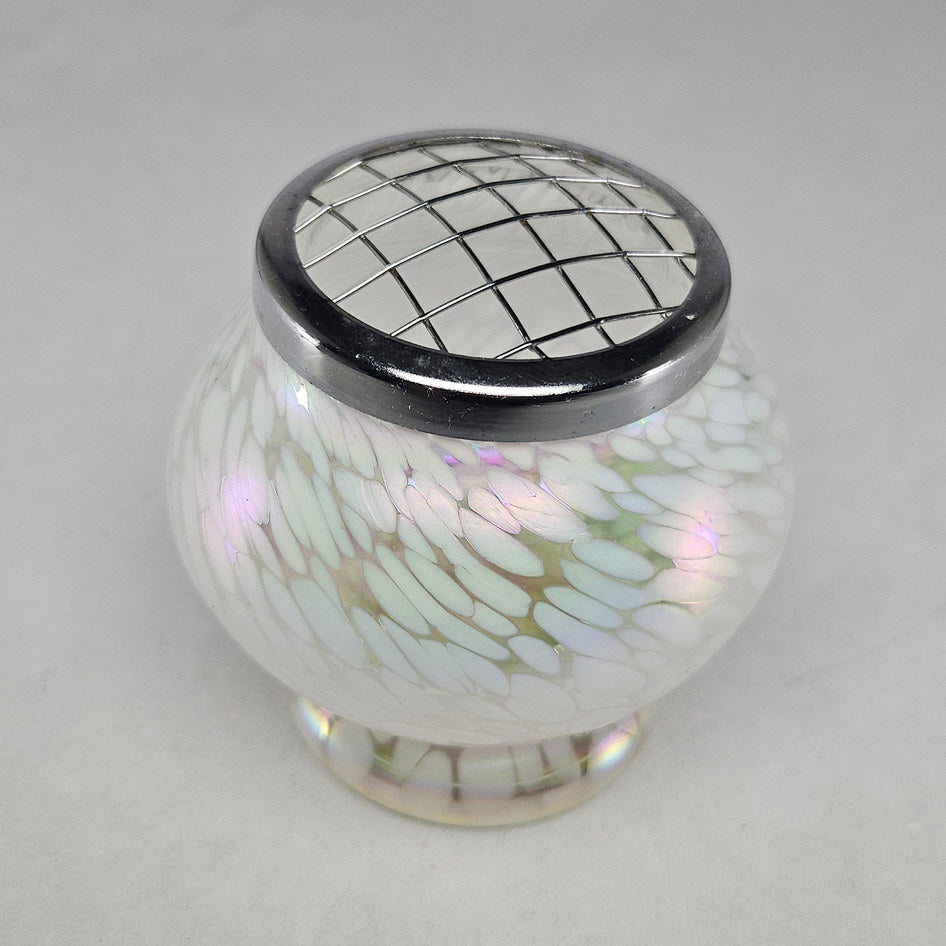 Hand-Blown Iridescent Confetti Glass Rose Bowl with Metal Flower Frog