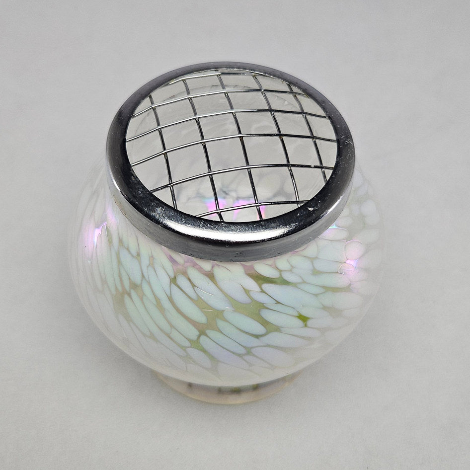 Hand-Blown Iridescent Confetti Glass Rose Bowl with Metal Flower Frog