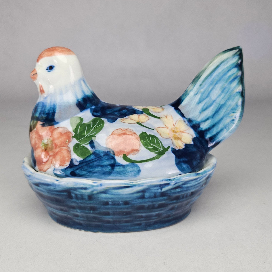Hand-Painted Ceramic Hen on Nest Covered Tureen Dish