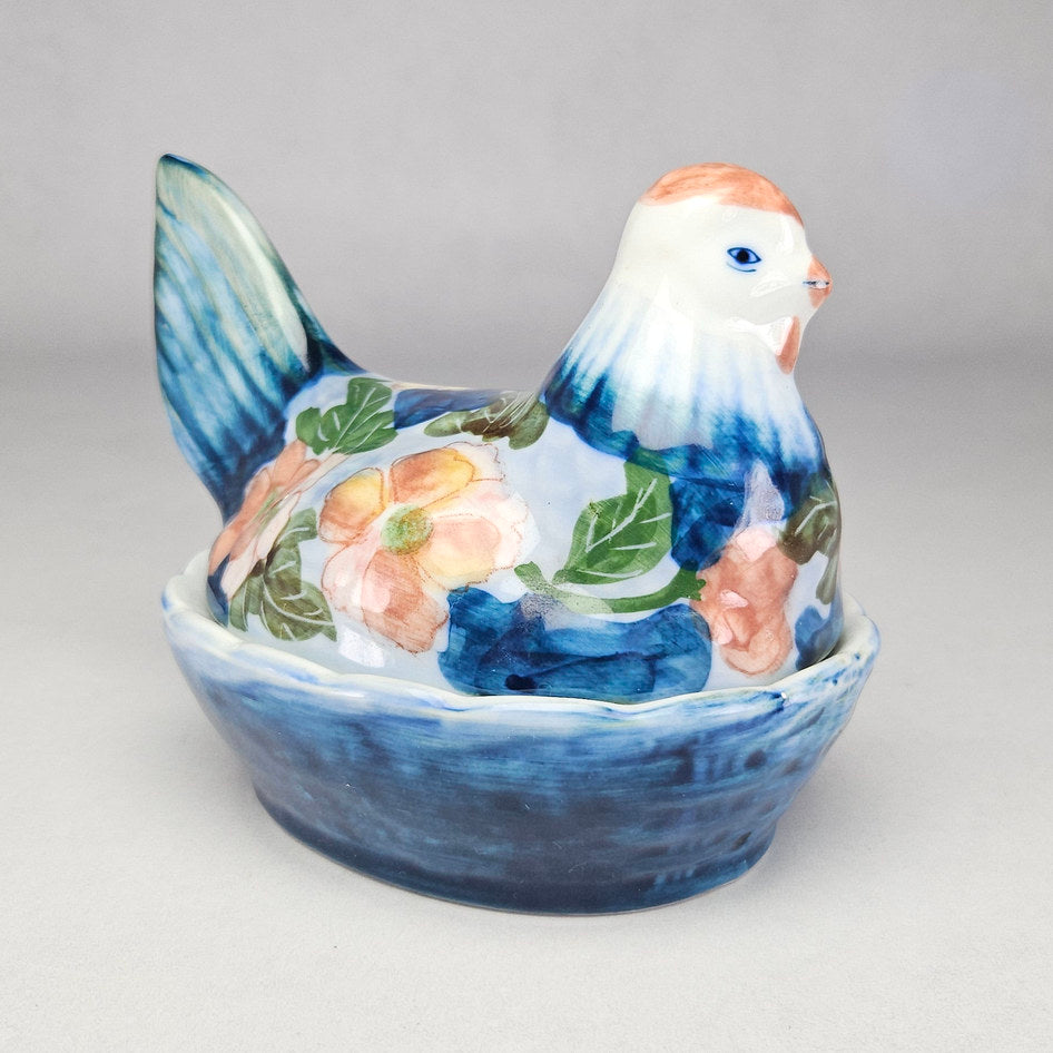 Hand-Painted Ceramic Hen on Nest Covered Tureen Dish