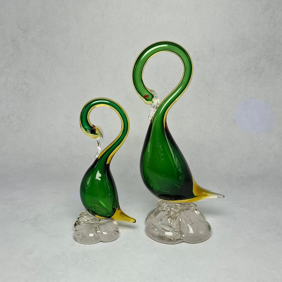 Handmade Murano Art Glass Green and Amber Swan Sculptures — Set of 2