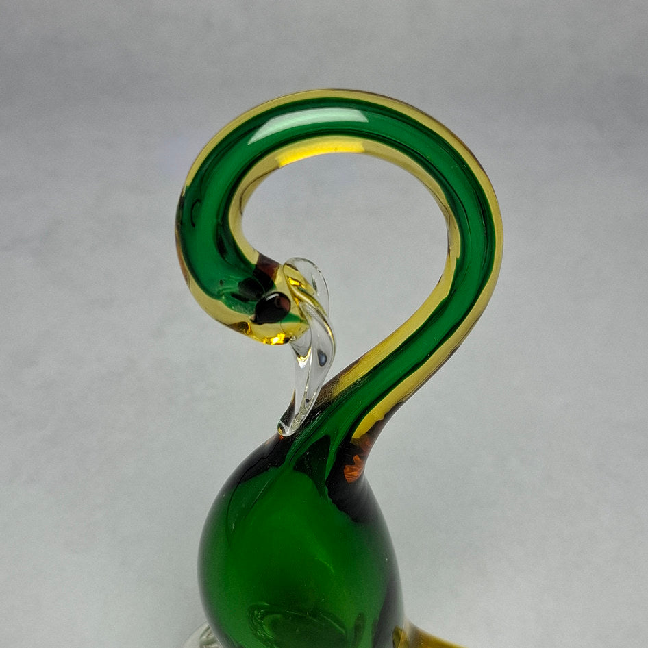 Handmade Murano Art Glass Green and Amber Swan Sculptures — Set of 2