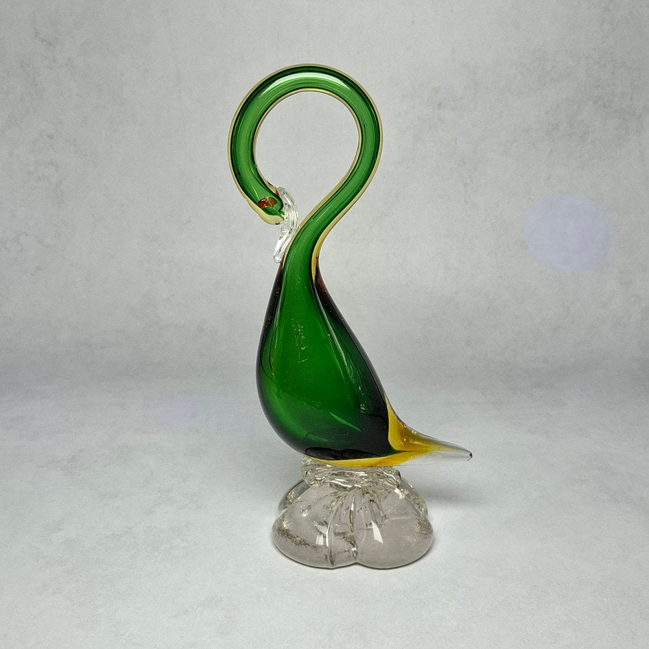 Handmade Murano Art Glass Green and Amber Swan Sculptures — Set of 2