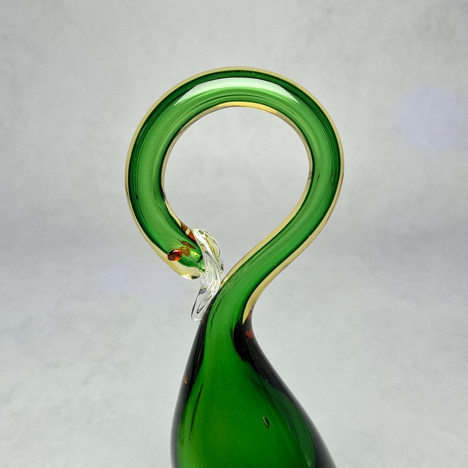 Handmade Murano Art Glass Green and Amber Swan Sculptures — Set of 2