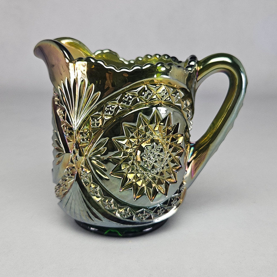 Imperial Diamond Lace Green Carnival Glass Creamer