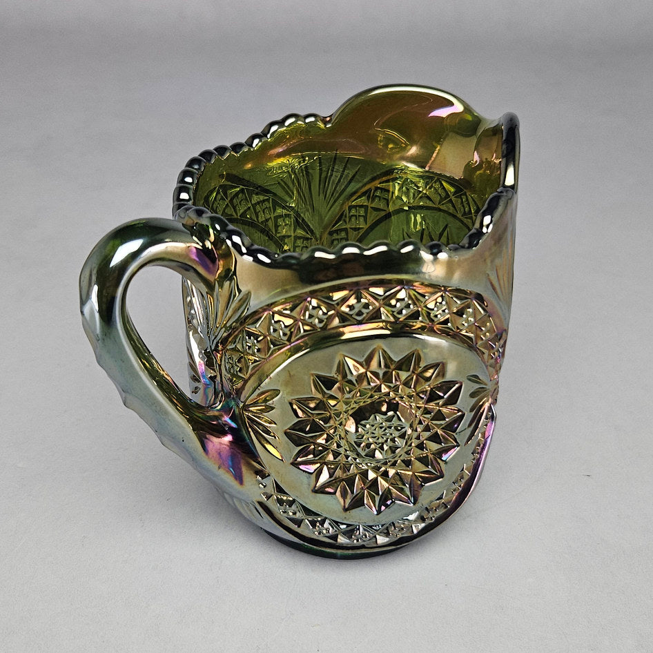 Imperial Diamond Lace Green Carnival Glass Creamer