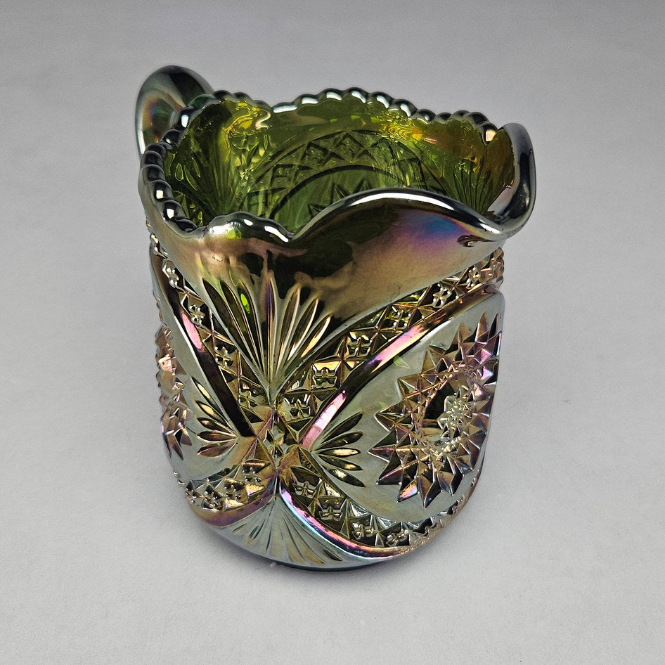 Imperial Diamond Lace Green Carnival Glass Creamer