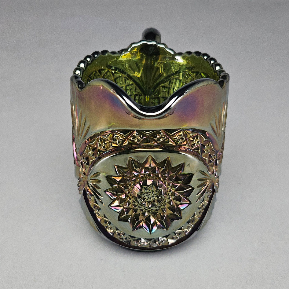 Imperial Diamond Lace Green Carnival Glass Creamer