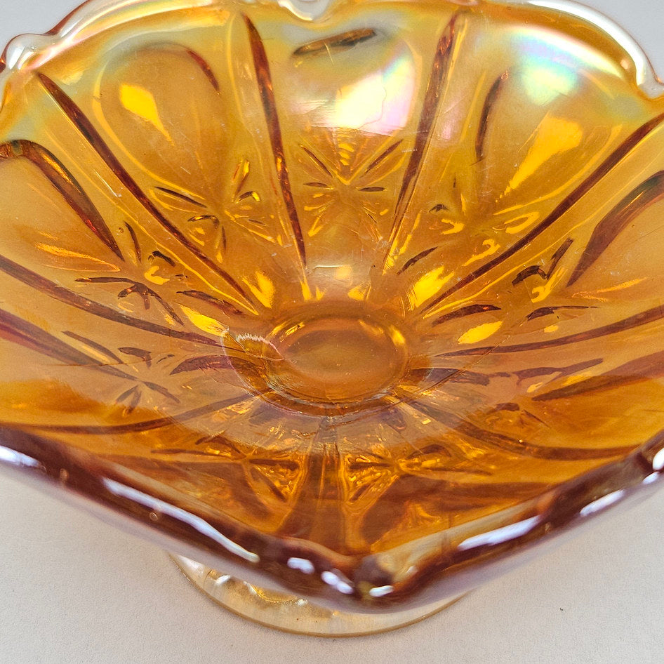 Imperial Floral and Optic Marigold Carnival Glass Footed Bowl