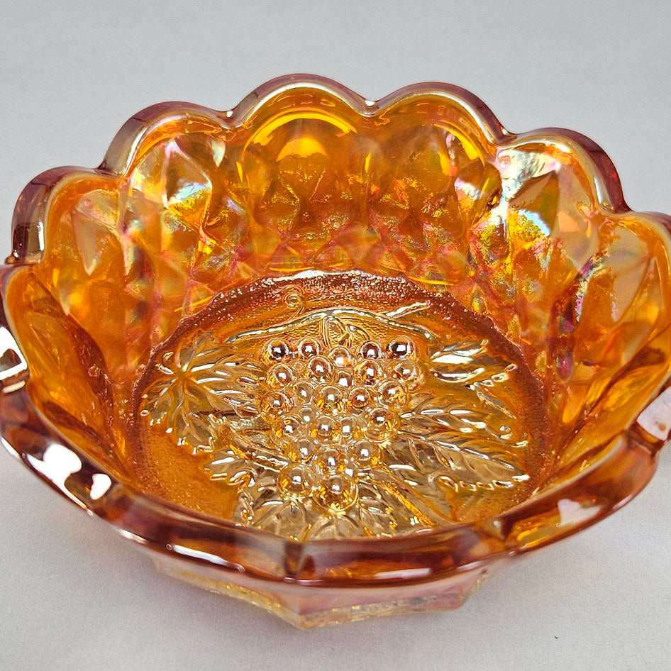Imperial Heavy Grape Amber Carnival Glass Handled Sweet Dish