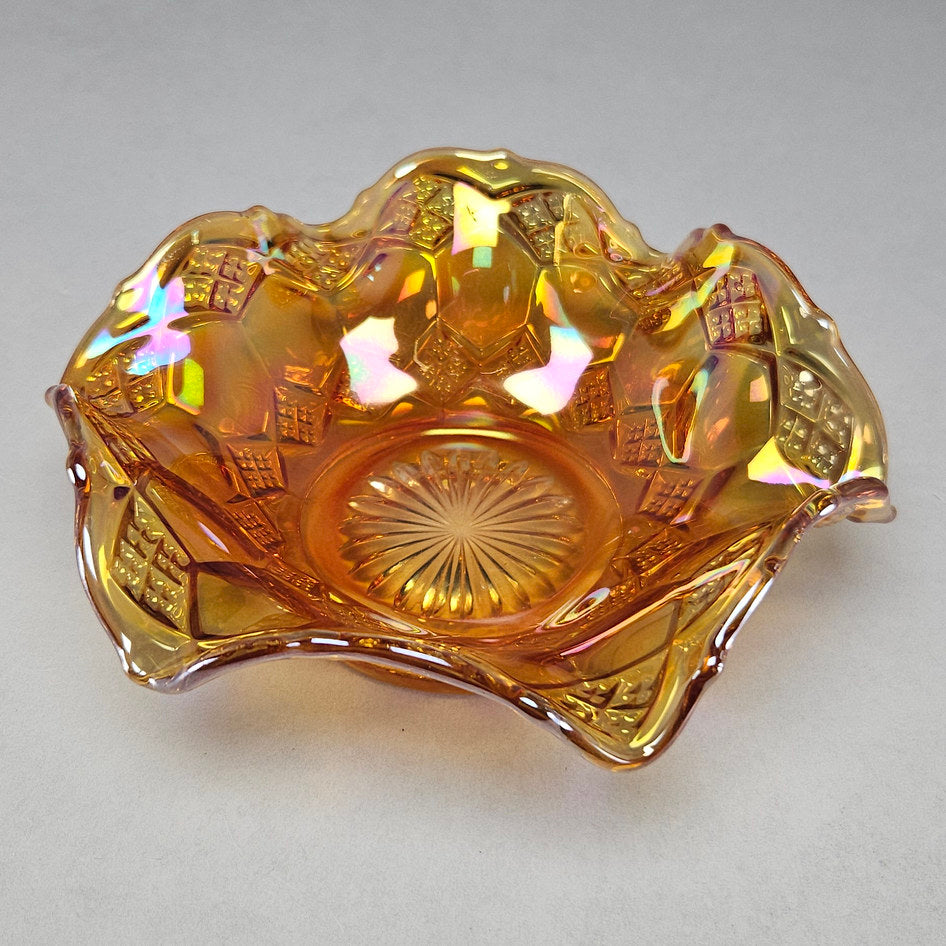Imperial Star and File Marigold Carnival Glass Ruffled Bowl