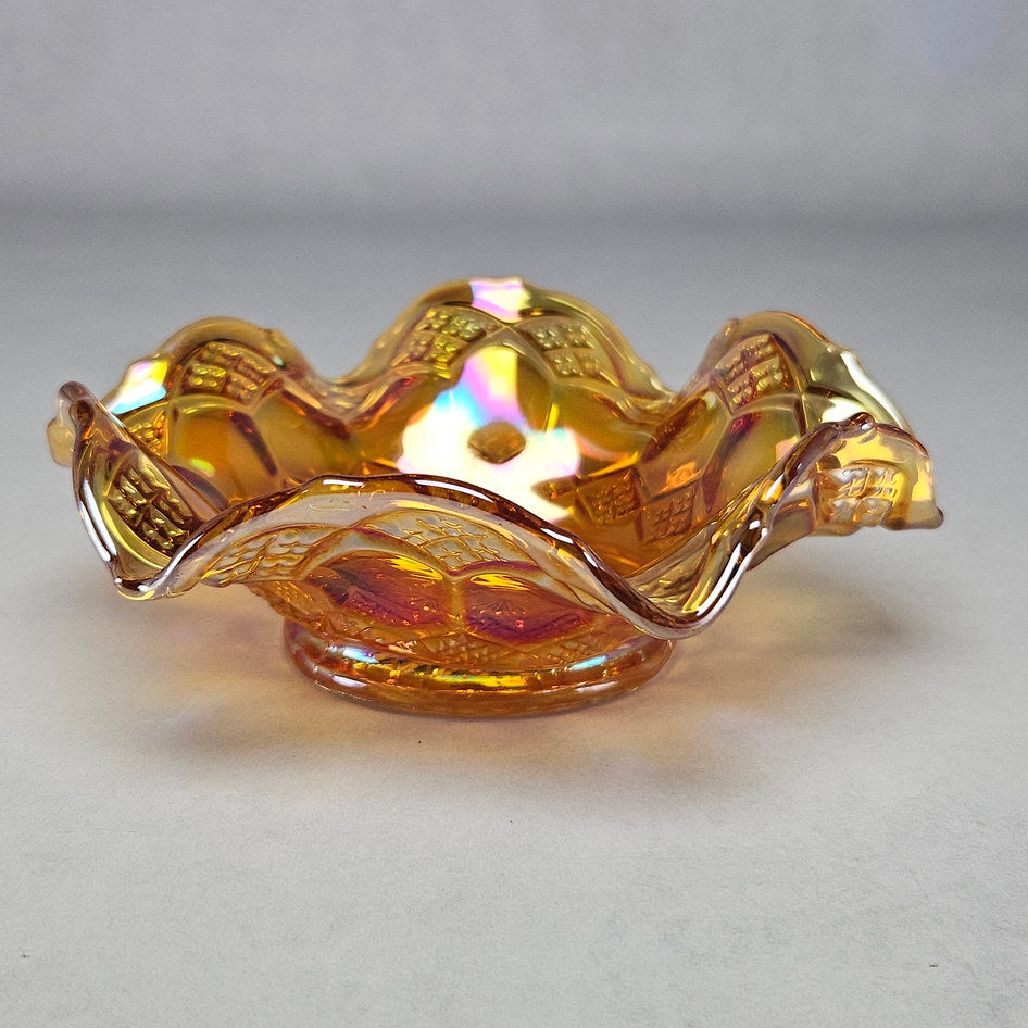 Imperial Star and File Marigold Carnival Glass Ruffled Bowl